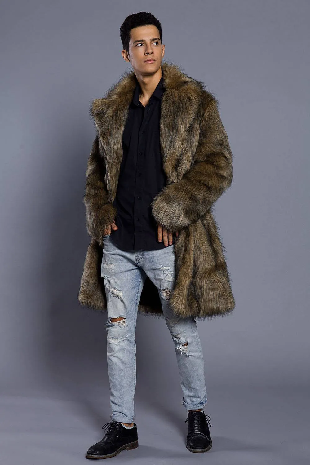 Brown Lapel Neck Long Men Faux Fur Coat