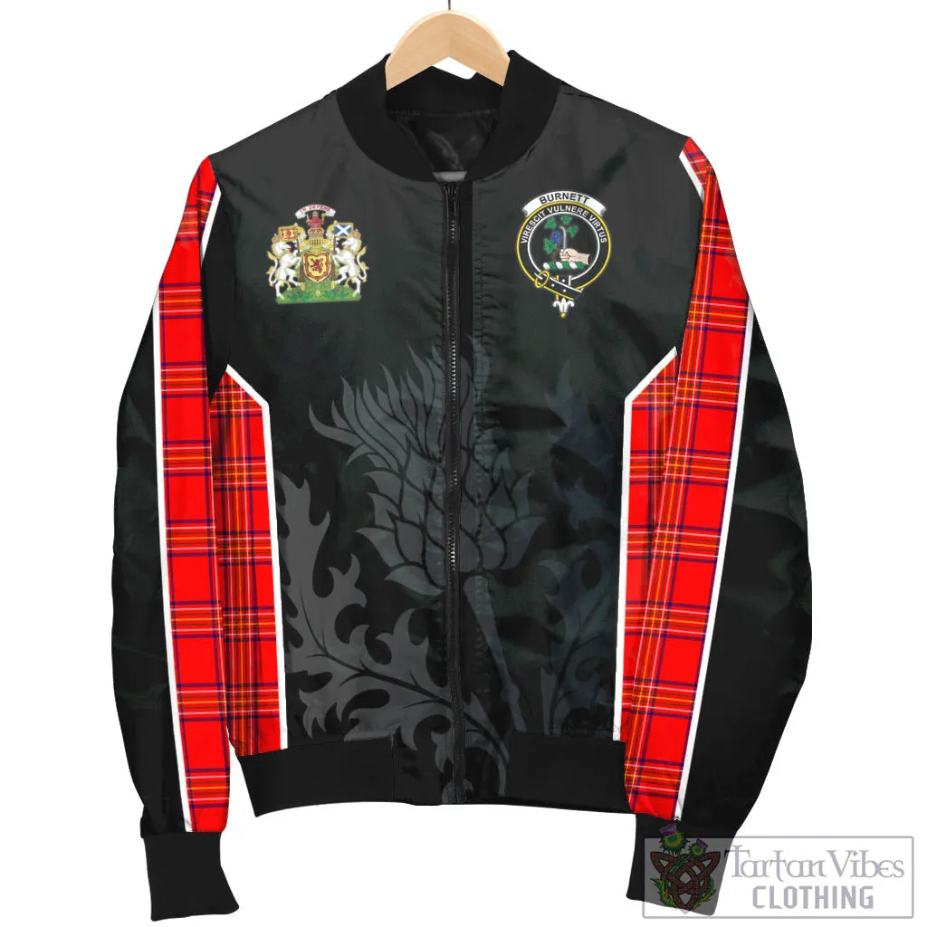 Burnett Modern Tartan Bomber Jacket with Family Crest and Scottish Thistle Vibes Sport Style