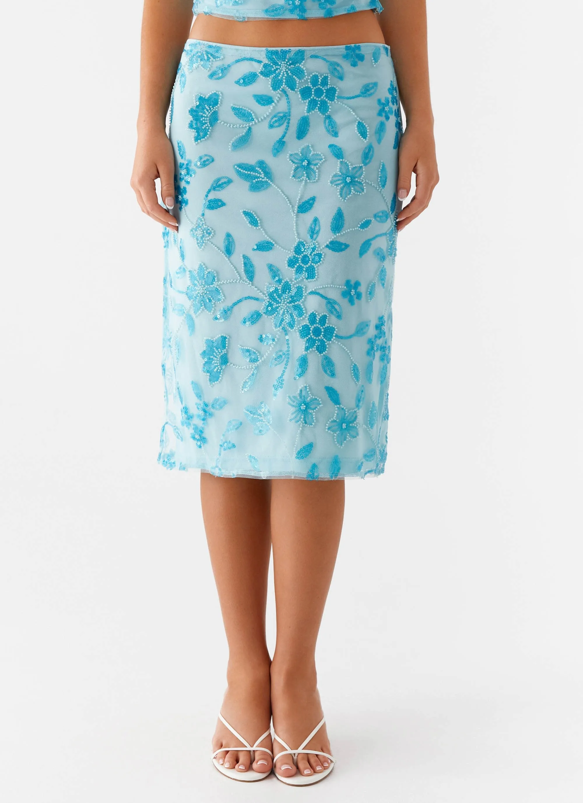 By Your Side Beaded Midi Skirt - Blue