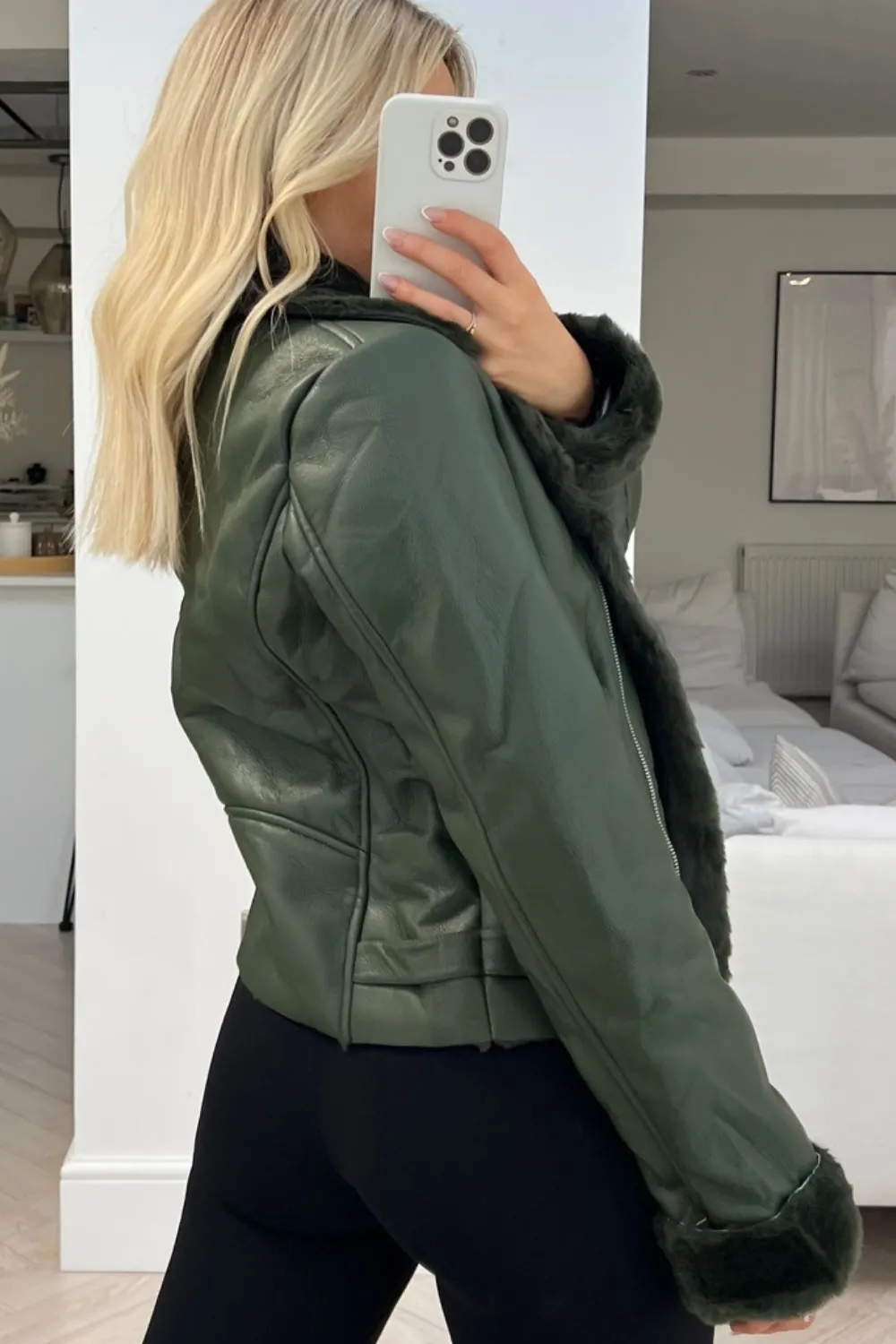 Celine green pu fut trim aviator jacket