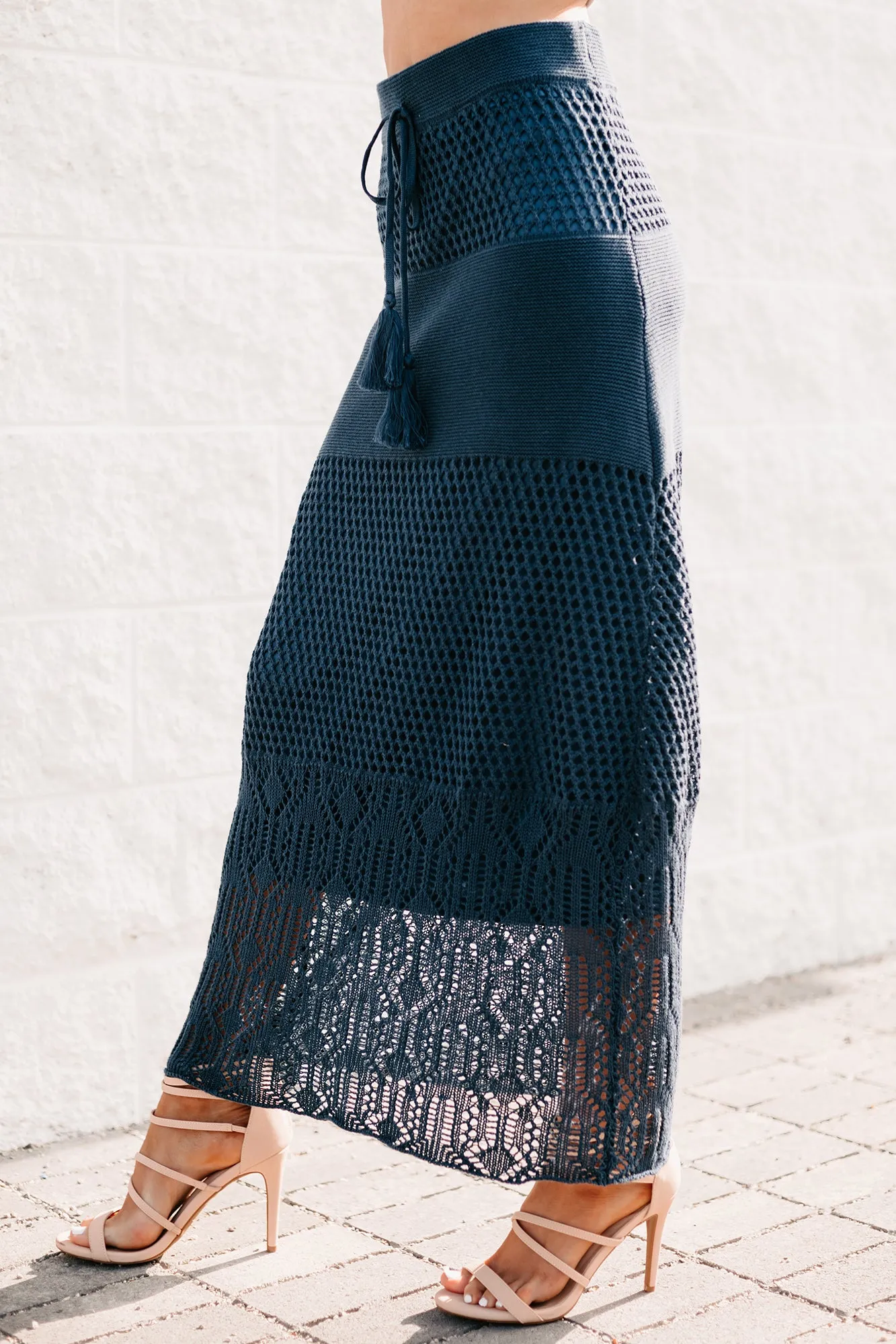 Chasing The Coast Crochet Knit Midi Skirt (Denim)