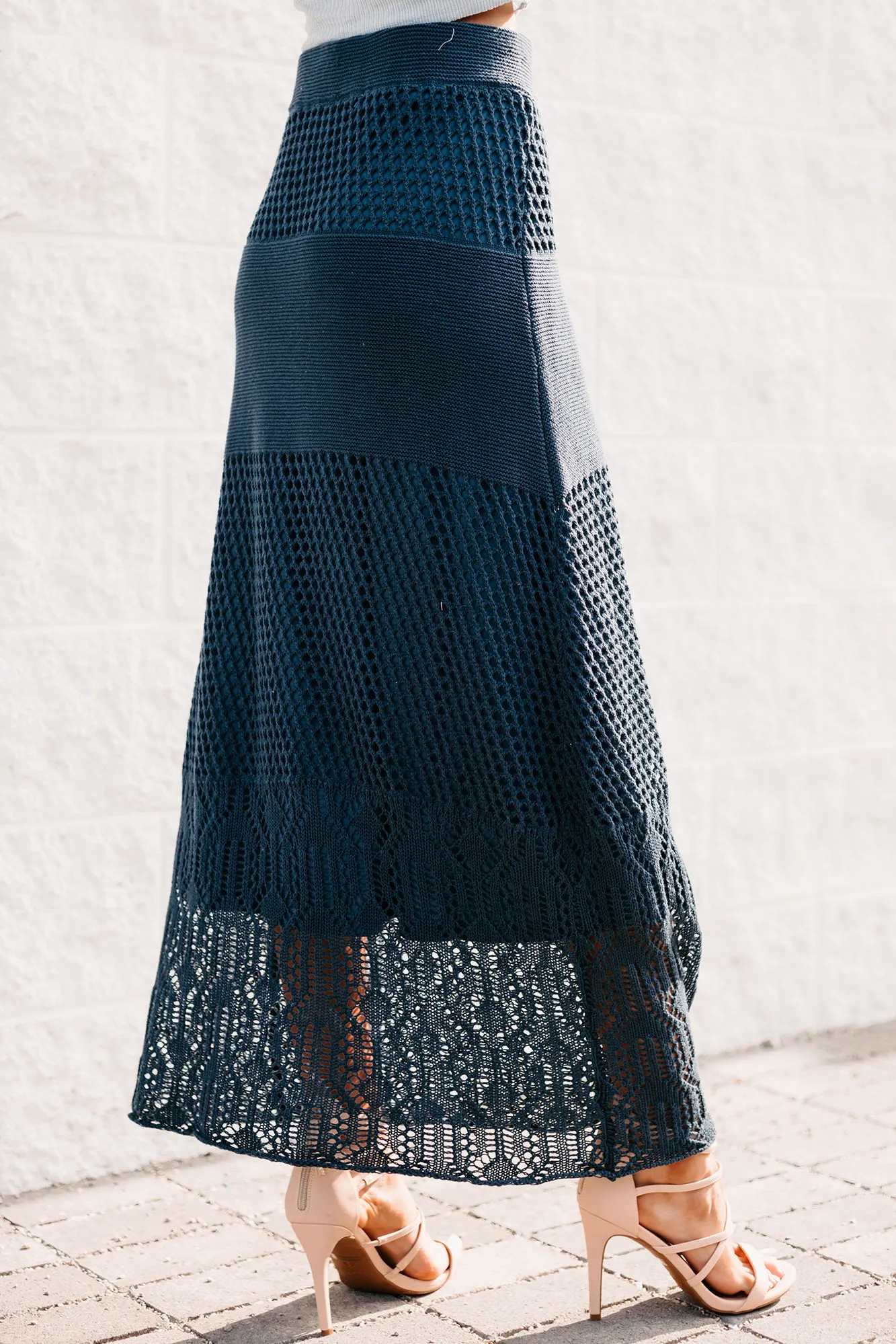 Chasing The Coast Crochet Knit Midi Skirt (Denim)