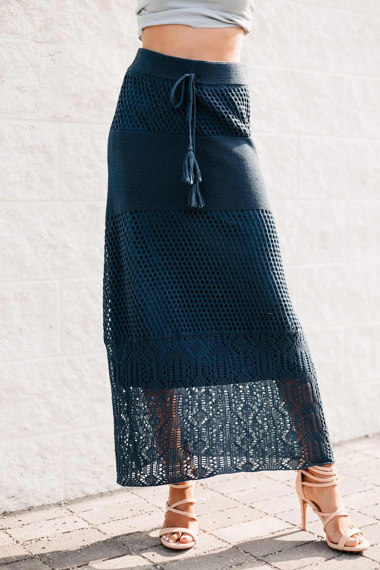 Chasing The Coast Crochet Knit Midi Skirt (Denim)