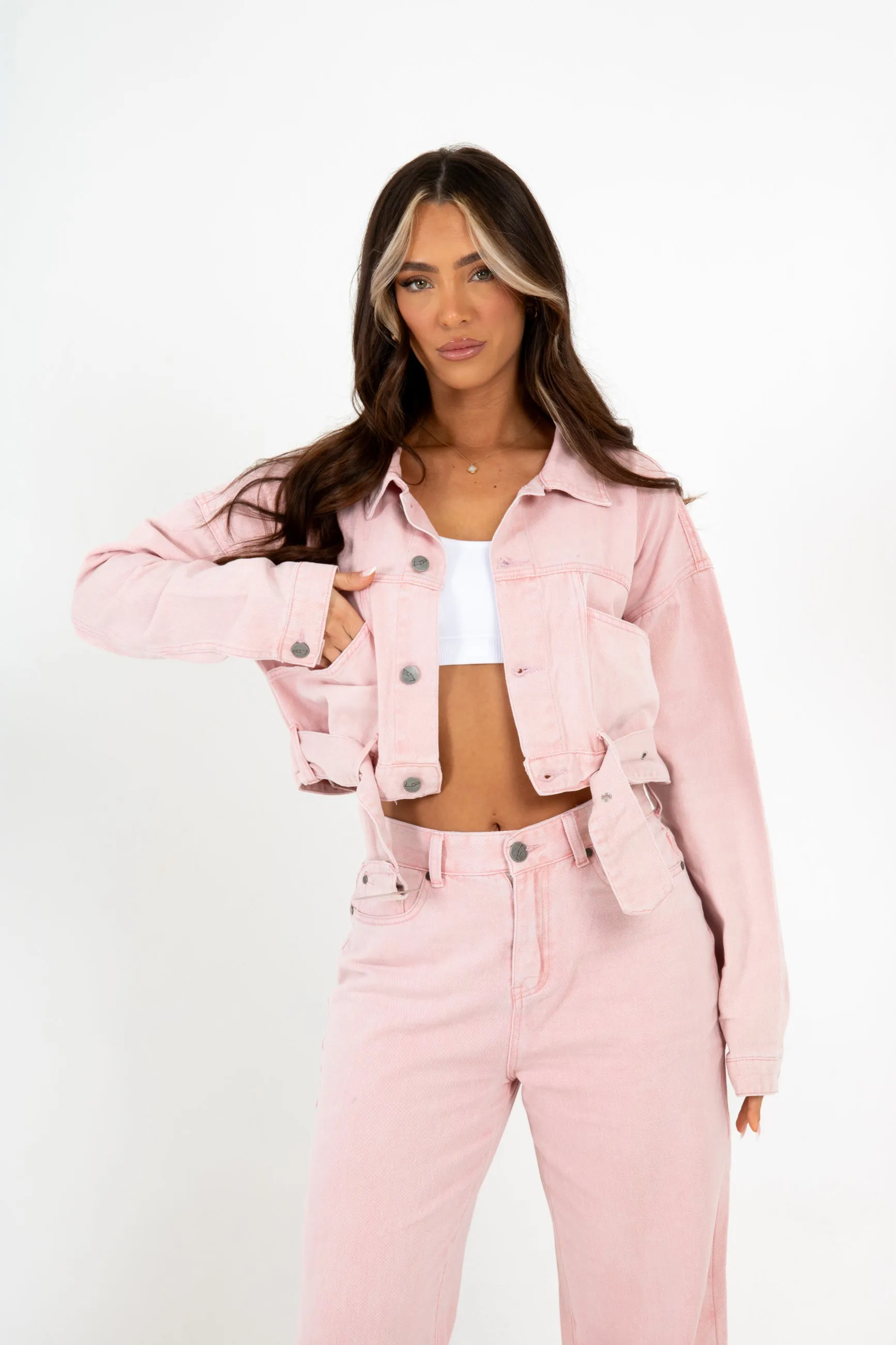 Cropped Pink Utility Belted Denim Jacket