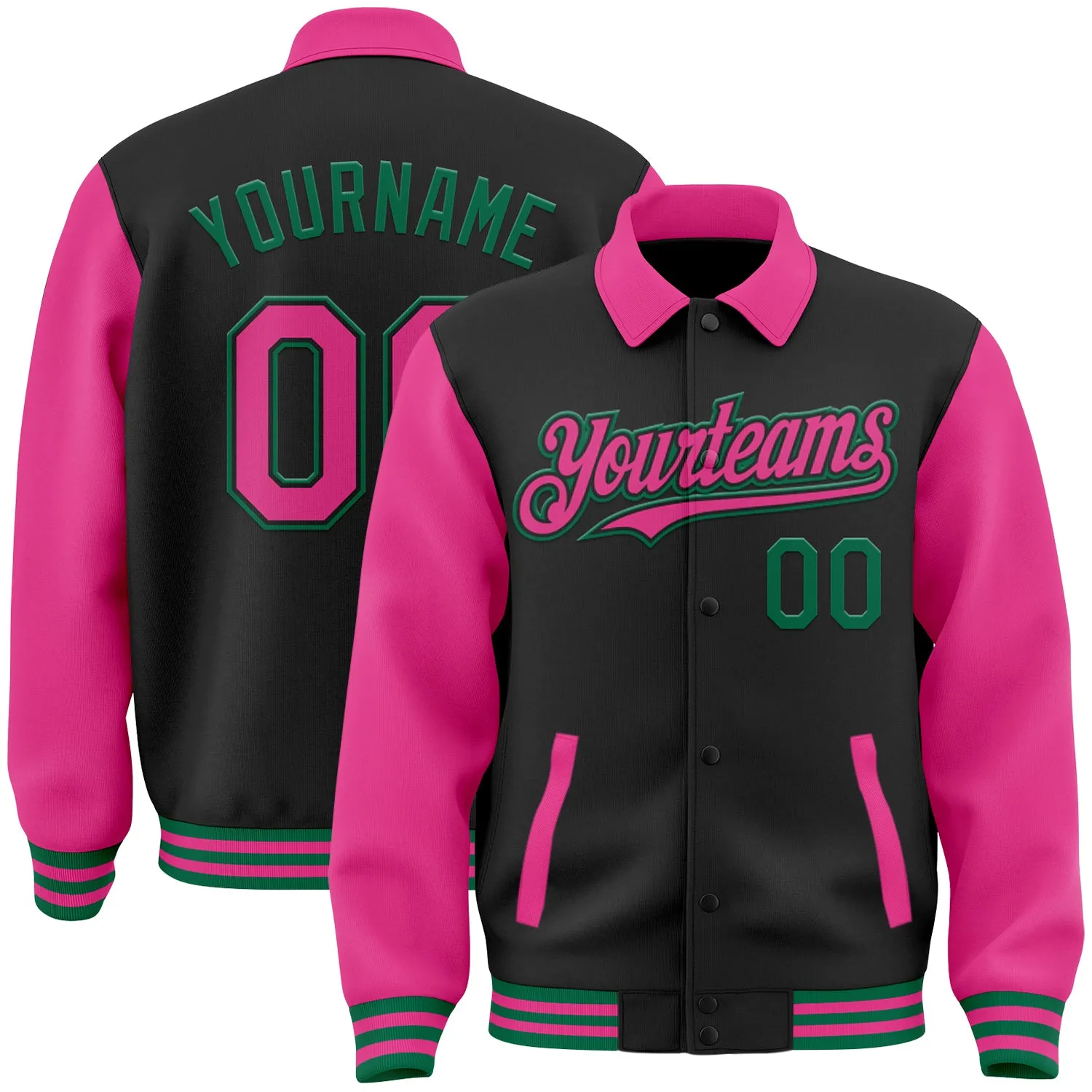 Custom Black Pink-Kelly Green Bomber Full-Snap Varsity Letterman Two Tone Lapel Collar Byron Jacket