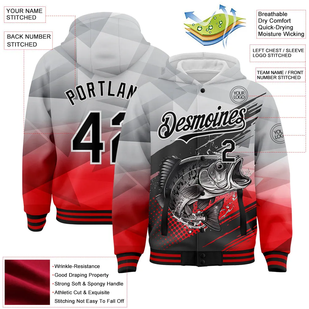 Custom Gray Black-Red Largemouth Bass Fish Fishing 3D Bomber Full-Snap Varsity Letterman Hoodie Jacket