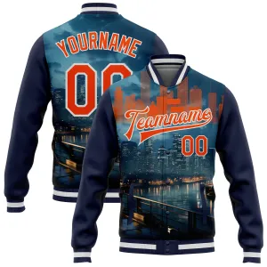 Custom Navy Orange-White Houston Texas City Edition 3D Bomber Full-Snap Varsity Letterman Jacket