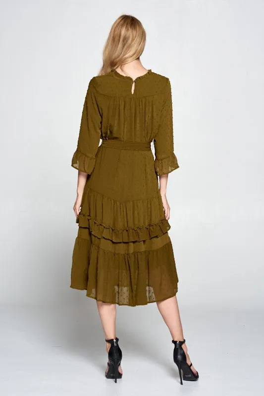 Daria Swiss Dot Tier Midi Dress in Olive