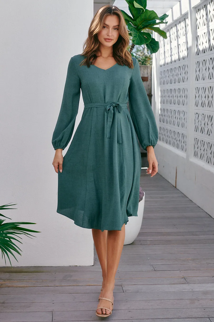 Davis Long Sleeve Tie Waist Green Dress