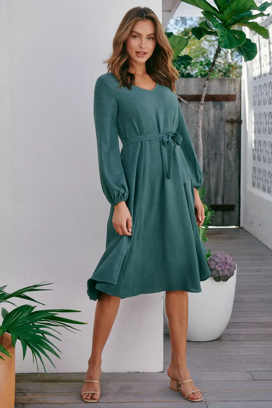 Davis Long Sleeve Tie Waist Green Dress