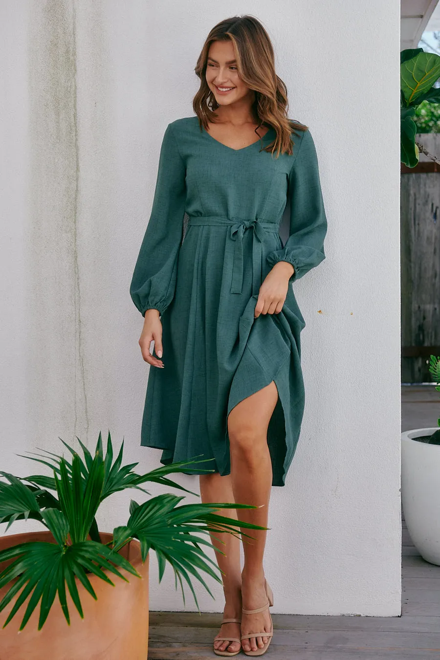 Davis Long Sleeve Tie Waist Green Dress