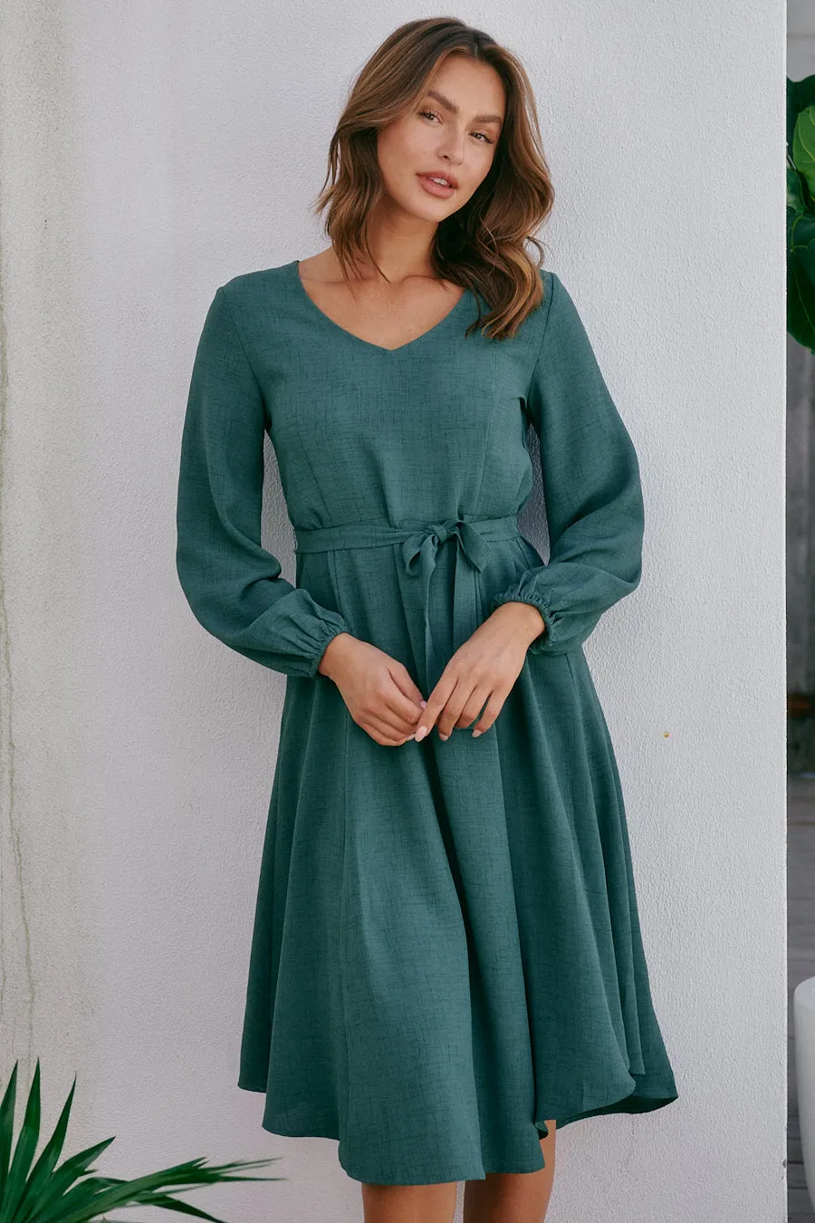 Davis Long Sleeve Tie Waist Green Dress