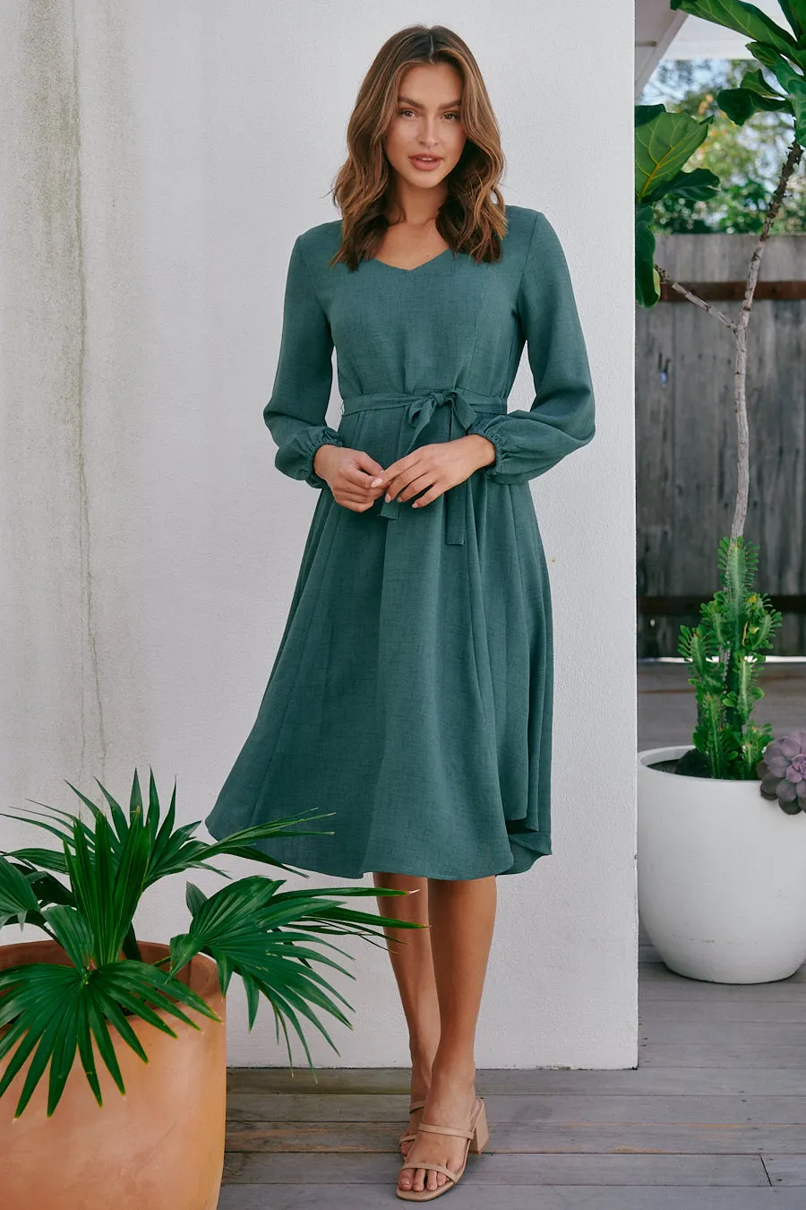 Davis Long Sleeve Tie Waist Green Dress