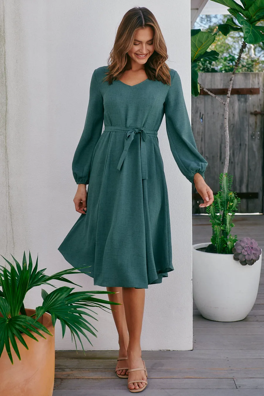 Davis Long Sleeve Tie Waist Green Dress