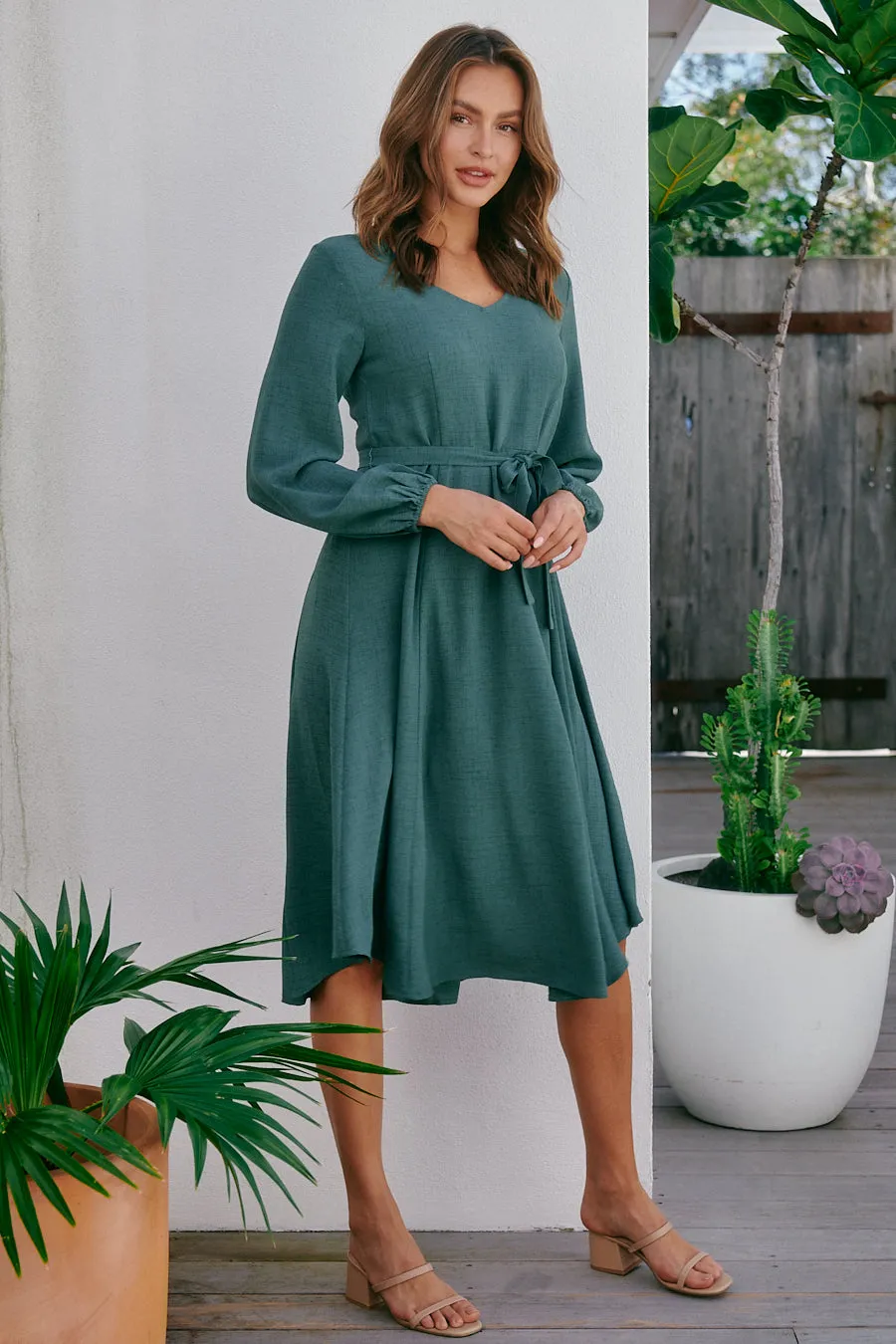 Davis Long Sleeve Tie Waist Green Dress