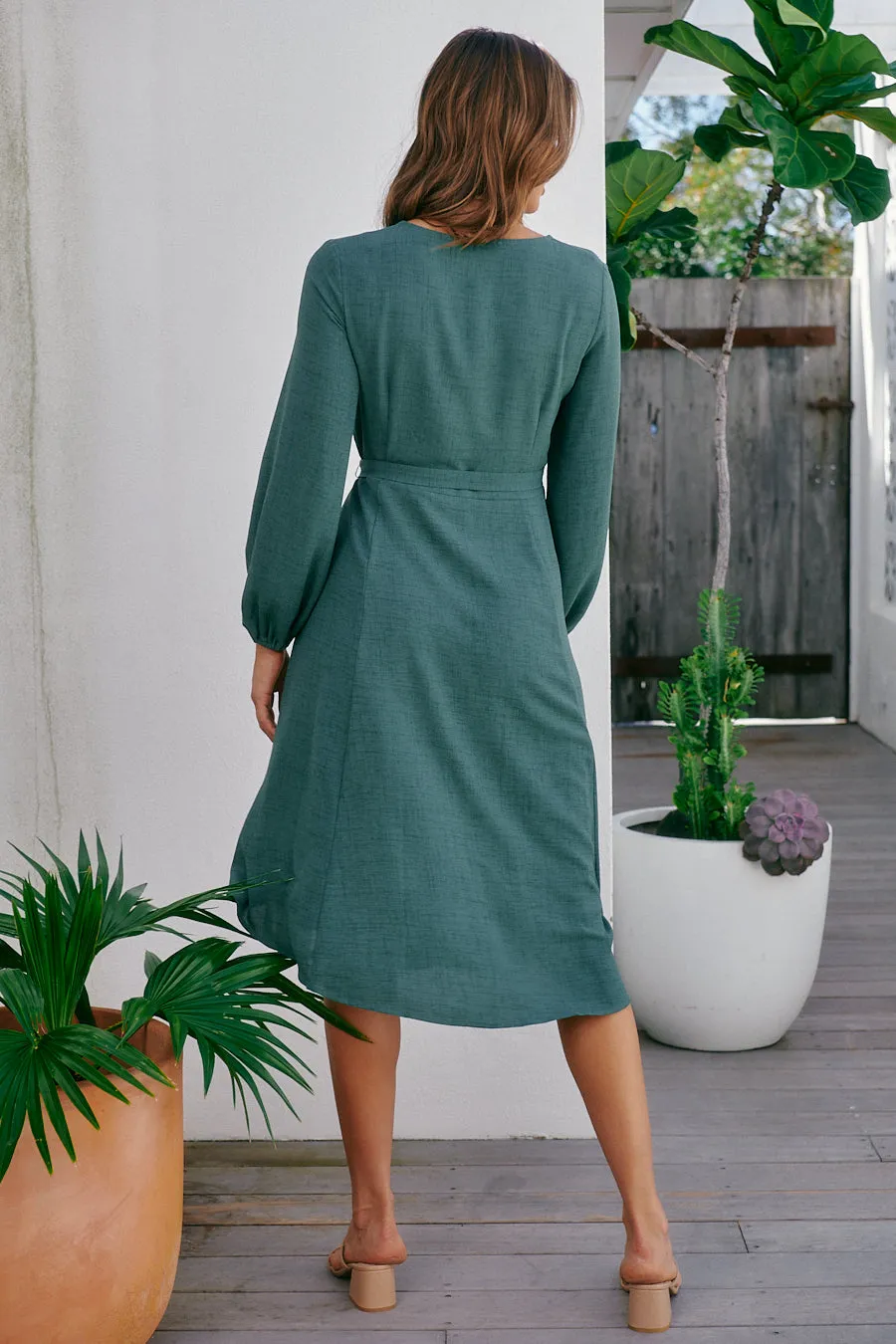 Davis Long Sleeve Tie Waist Green Dress