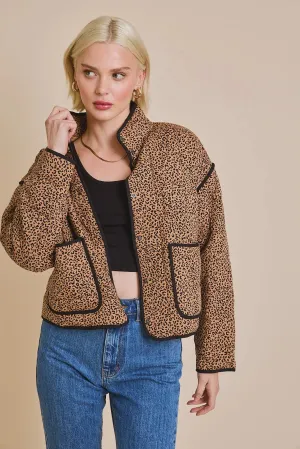 DROP SHOULDER ANIMAL PRINT HIGH COLLARED QUILT JACKET