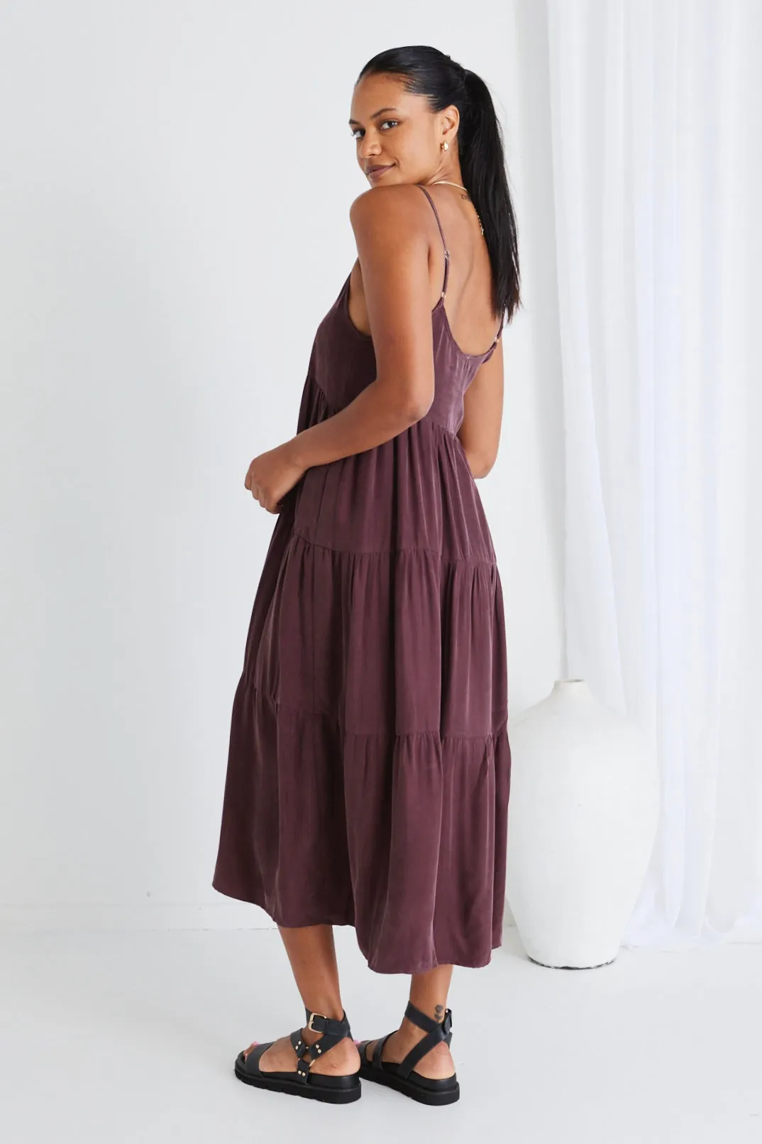 Eden Raisin Cupro Strappy Tiered Empire Midi Dress