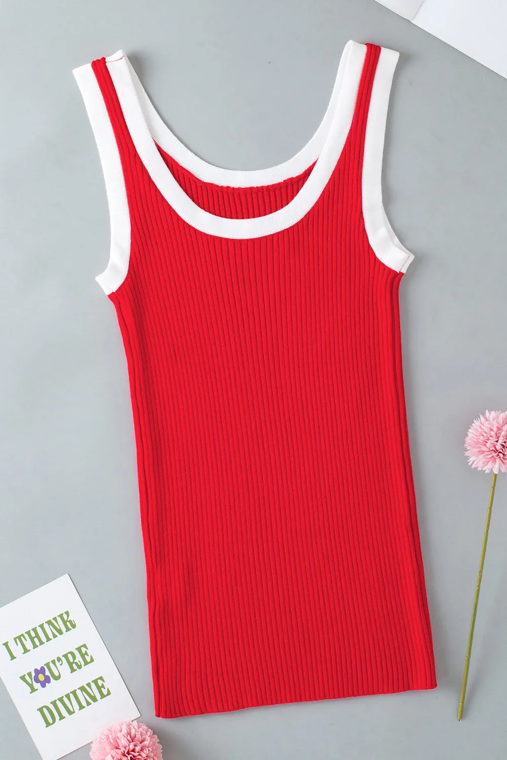 Edge Ribbed Knit U Neck Tank Top