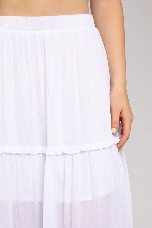 ELASTIC WAIST MERROW EDGE TIERED MIDI SKIRT