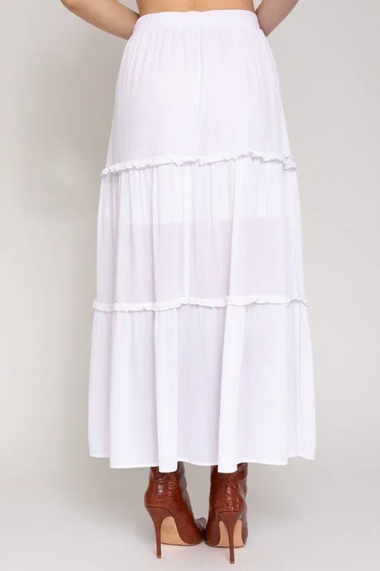 ELASTIC WAIST MERROW EDGE TIERED MIDI SKIRT