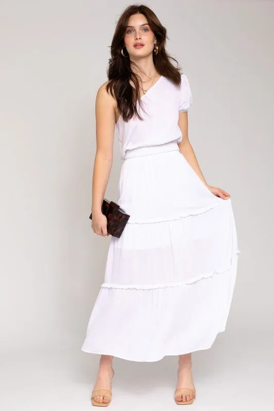 ELASTIC WAIST MERROW EDGE TIERED MIDI SKIRT