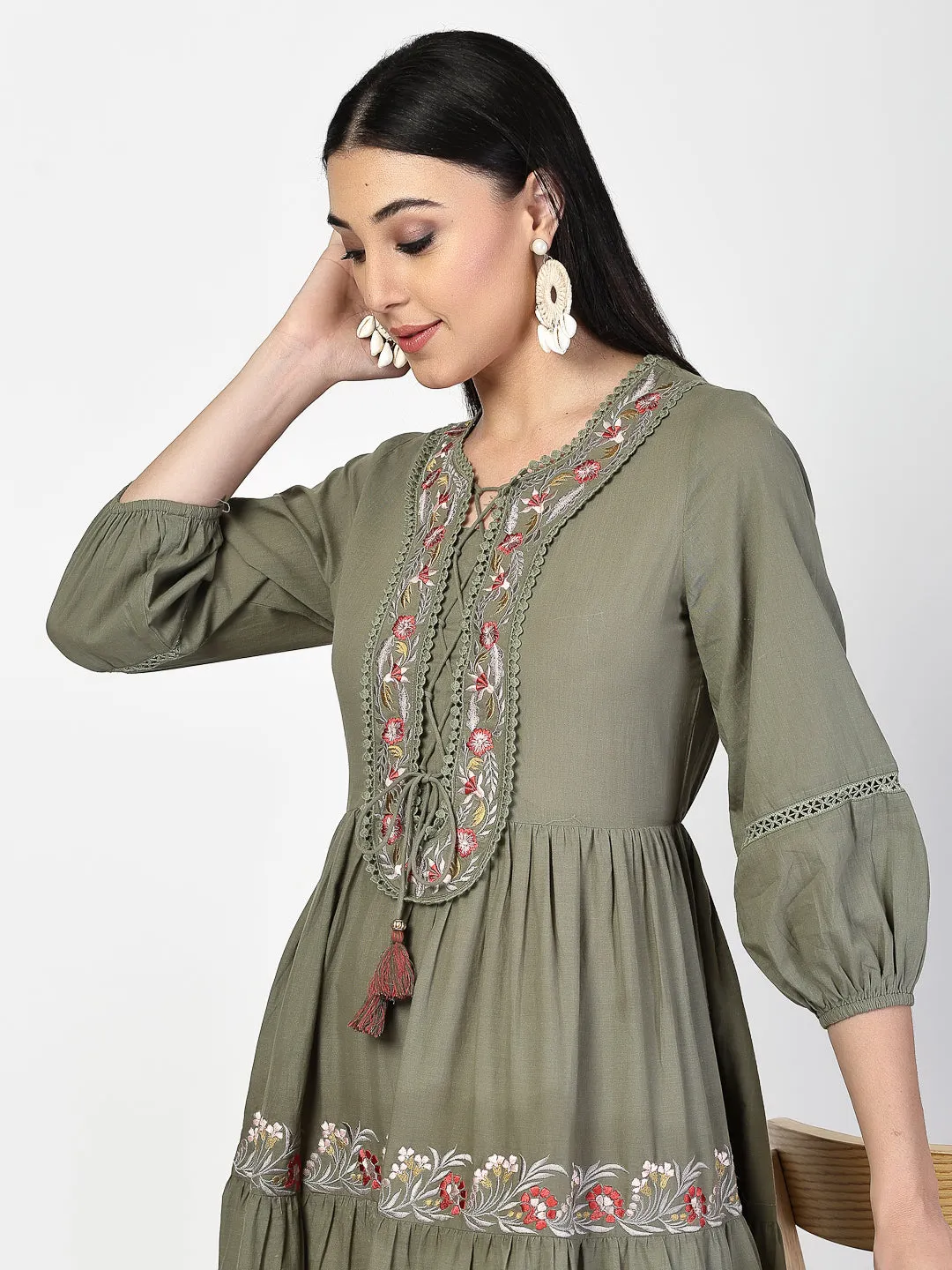 Embroidered Neck Tie up Olive Dress