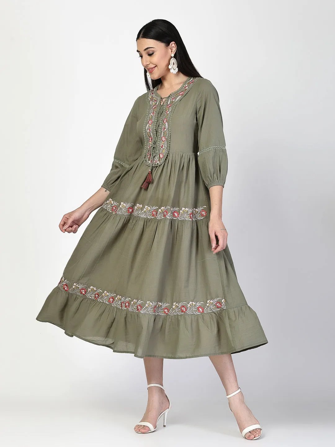 Embroidered Neck Tie up Olive Dress