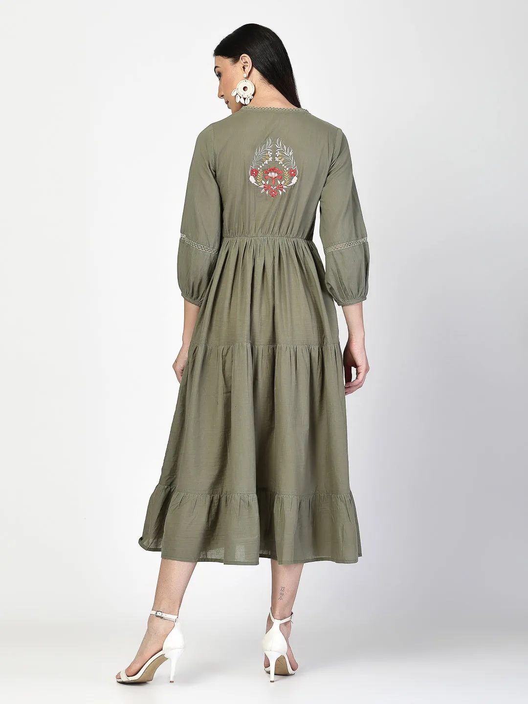 Embroidered Neck Tie up Olive Dress