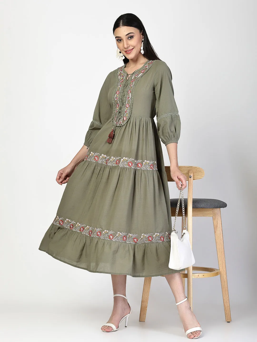 Embroidered Neck Tie up Olive Dress