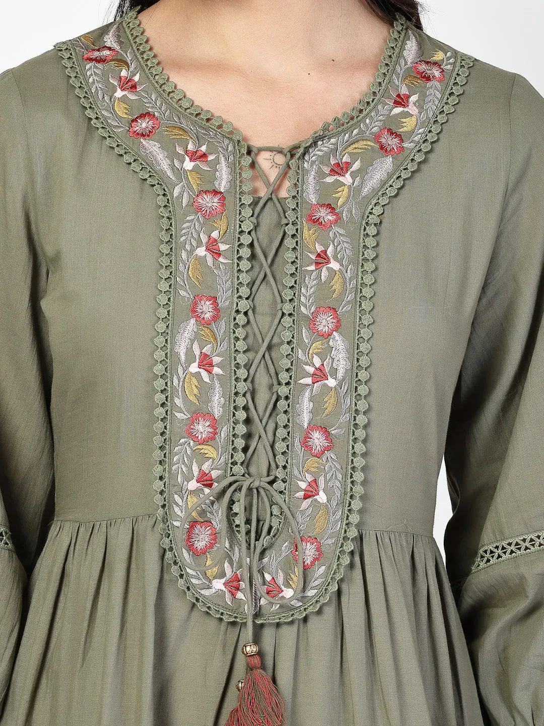 Embroidered Neck Tie up Olive Dress