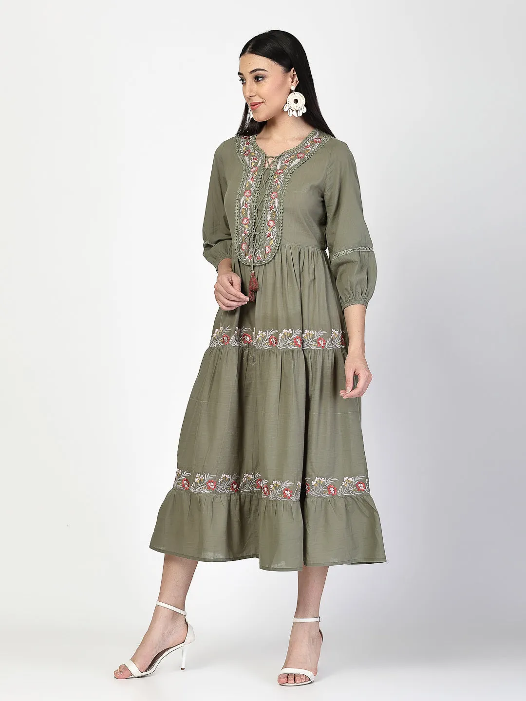 Embroidered Neck Tie up Olive Dress