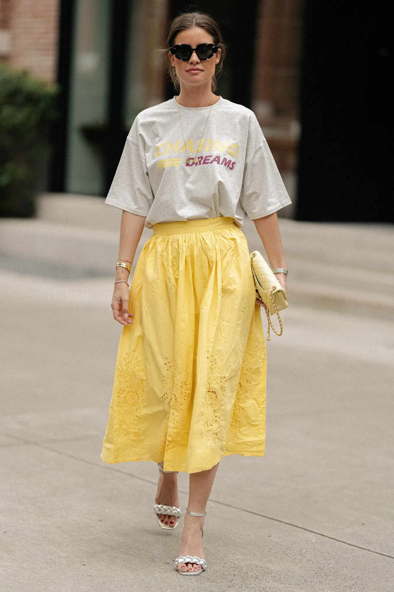 Embroidery anglaise midi skirt sweet yellow