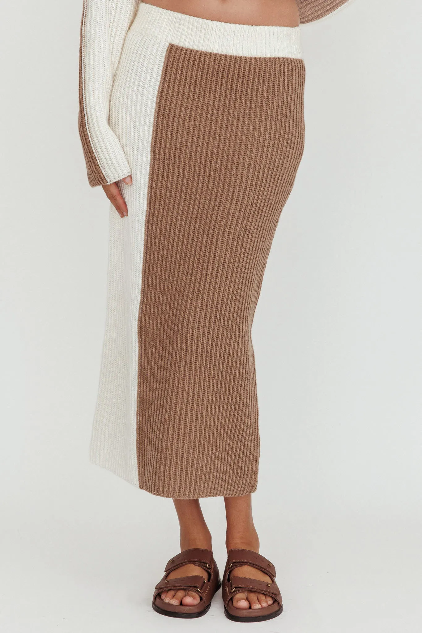 Eos Ribbed Knit Midi Skirt Mocha Cream