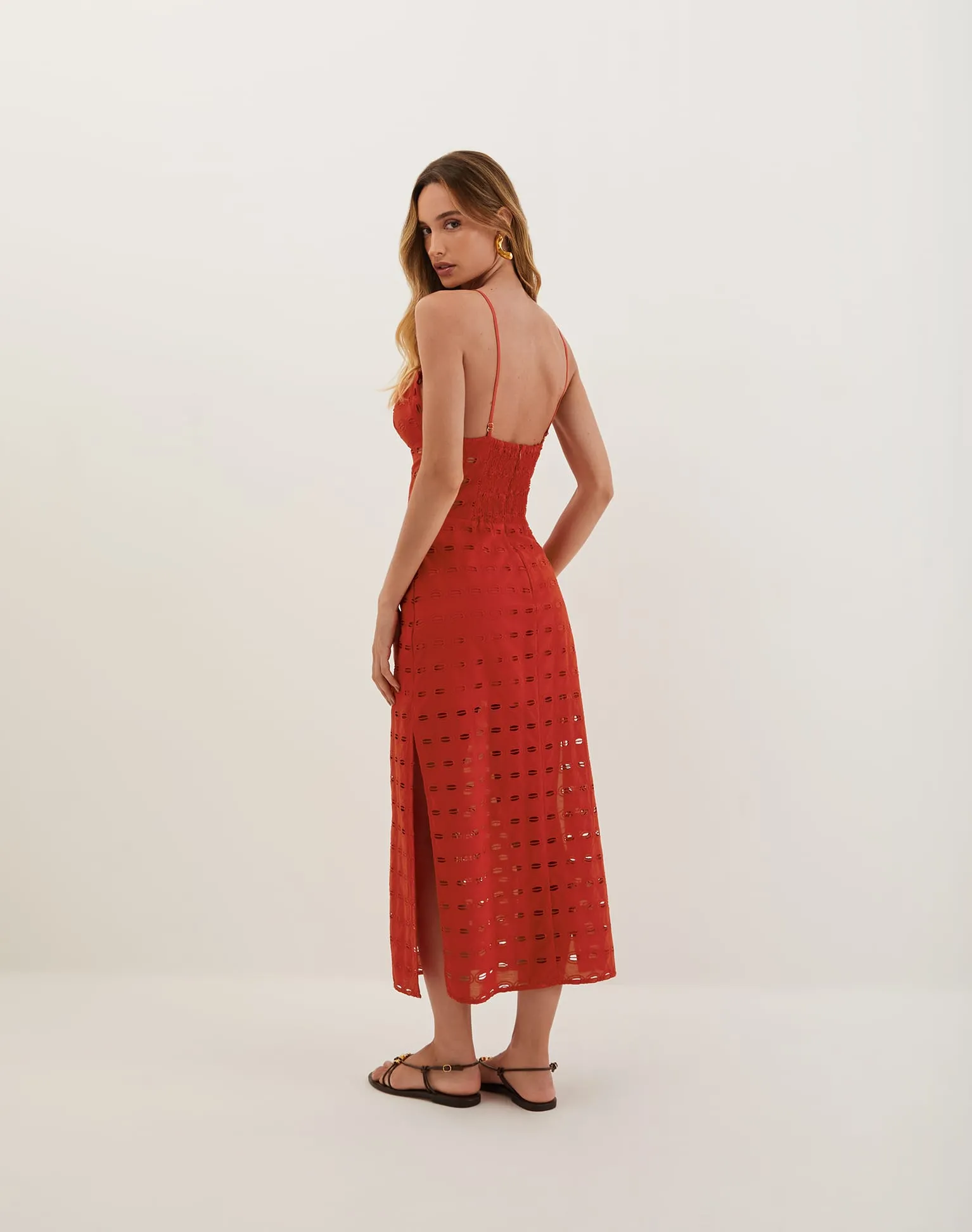 Eyelet Raya Midi Dress - Ruby