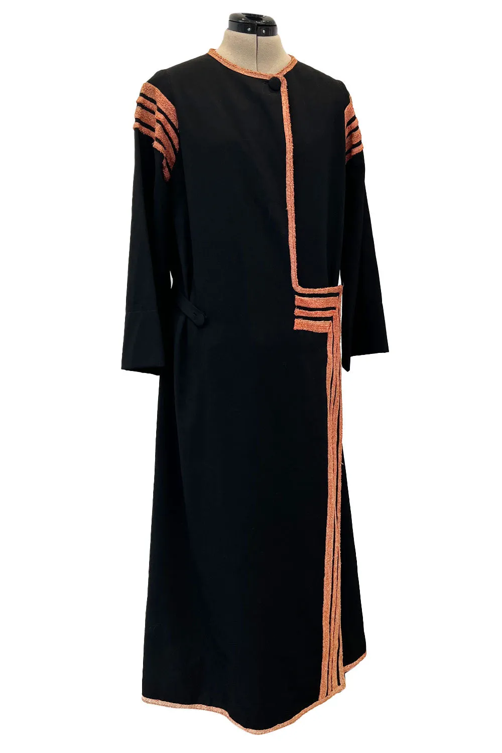 Fabulous 1920s Unlabeled Black Wool & Deep Orange Coral Raffia Trim Flapper Coat or Dress