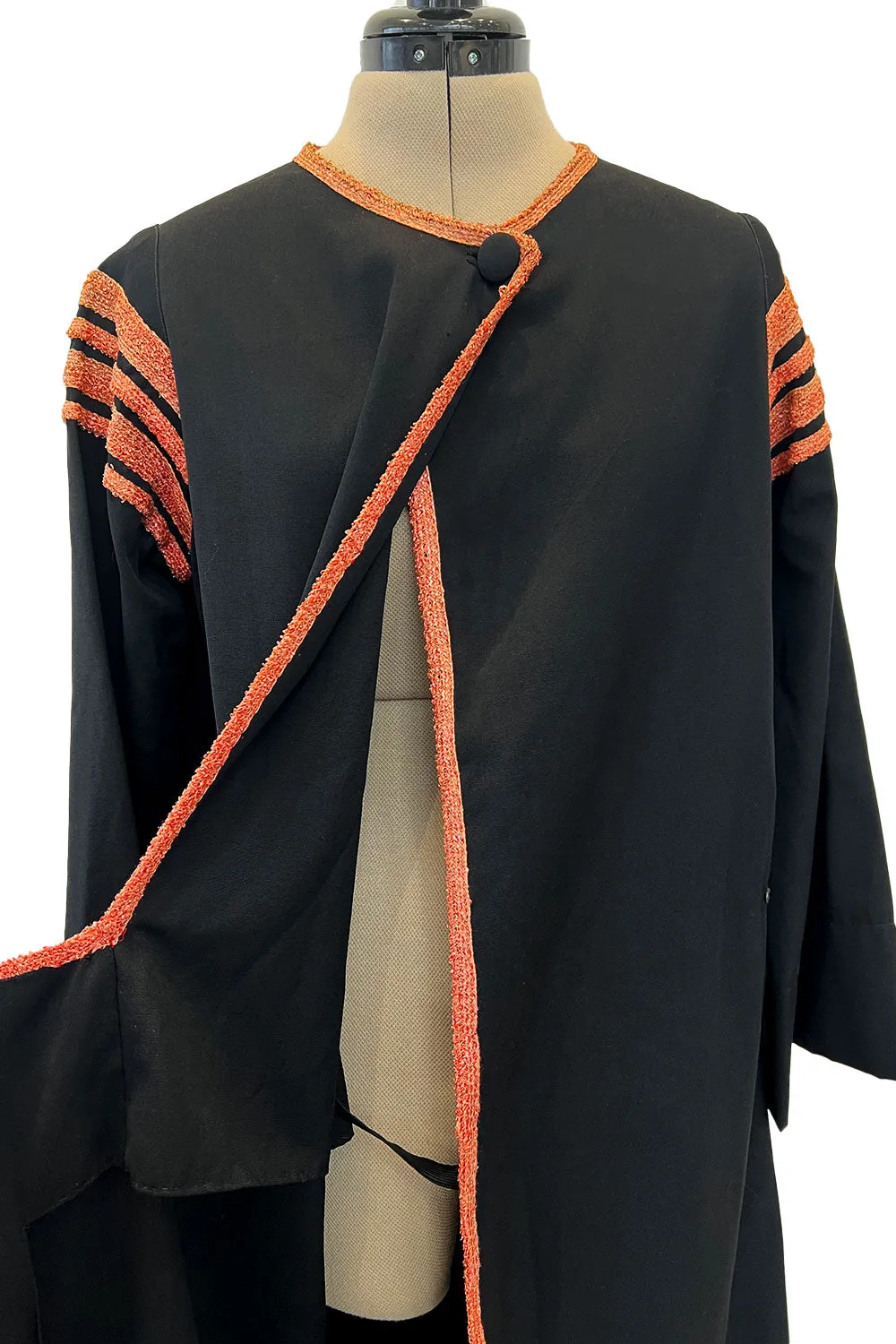 Fabulous 1920s Unlabeled Black Wool & Deep Orange Coral Raffia Trim Flapper Coat or Dress