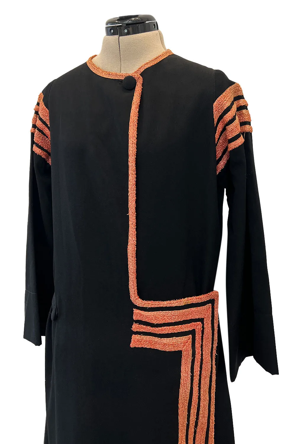 Fabulous 1920s Unlabeled Black Wool & Deep Orange Coral Raffia Trim Flapper Coat or Dress