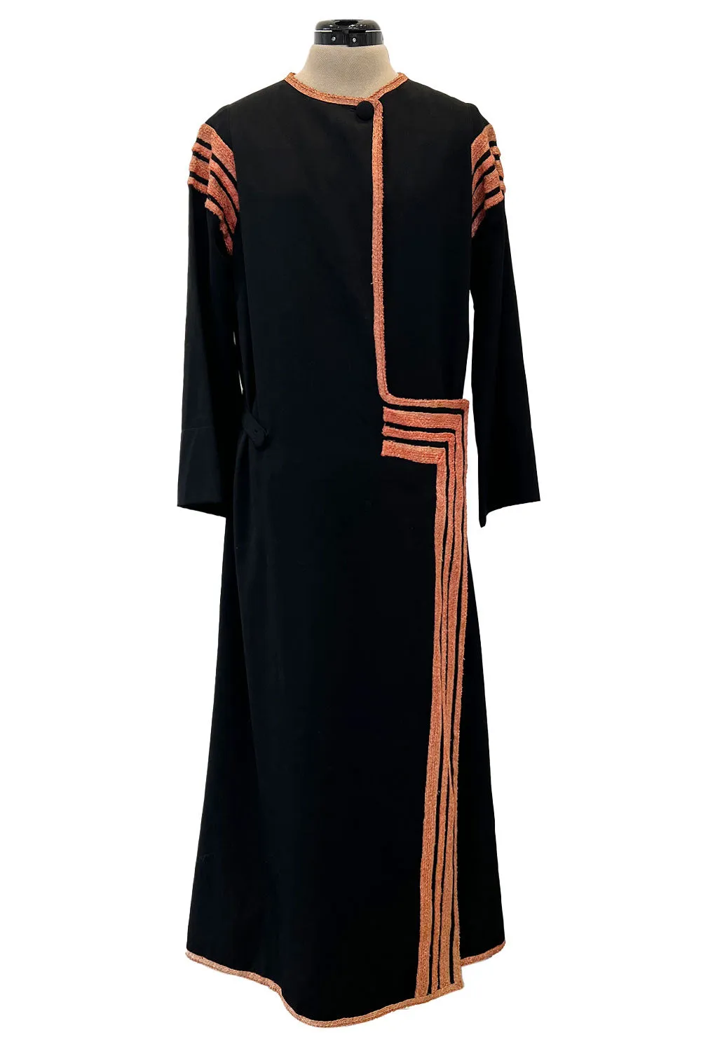 Fabulous 1920s Unlabeled Black Wool & Deep Orange Coral Raffia Trim Flapper Coat or Dress