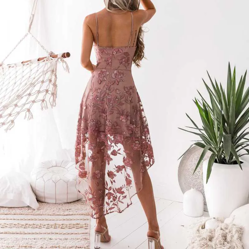 Floral Embroidery Mesh Lace High Low Dress