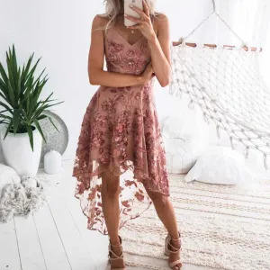 Floral Embroidery Mesh Lace High Low Dress