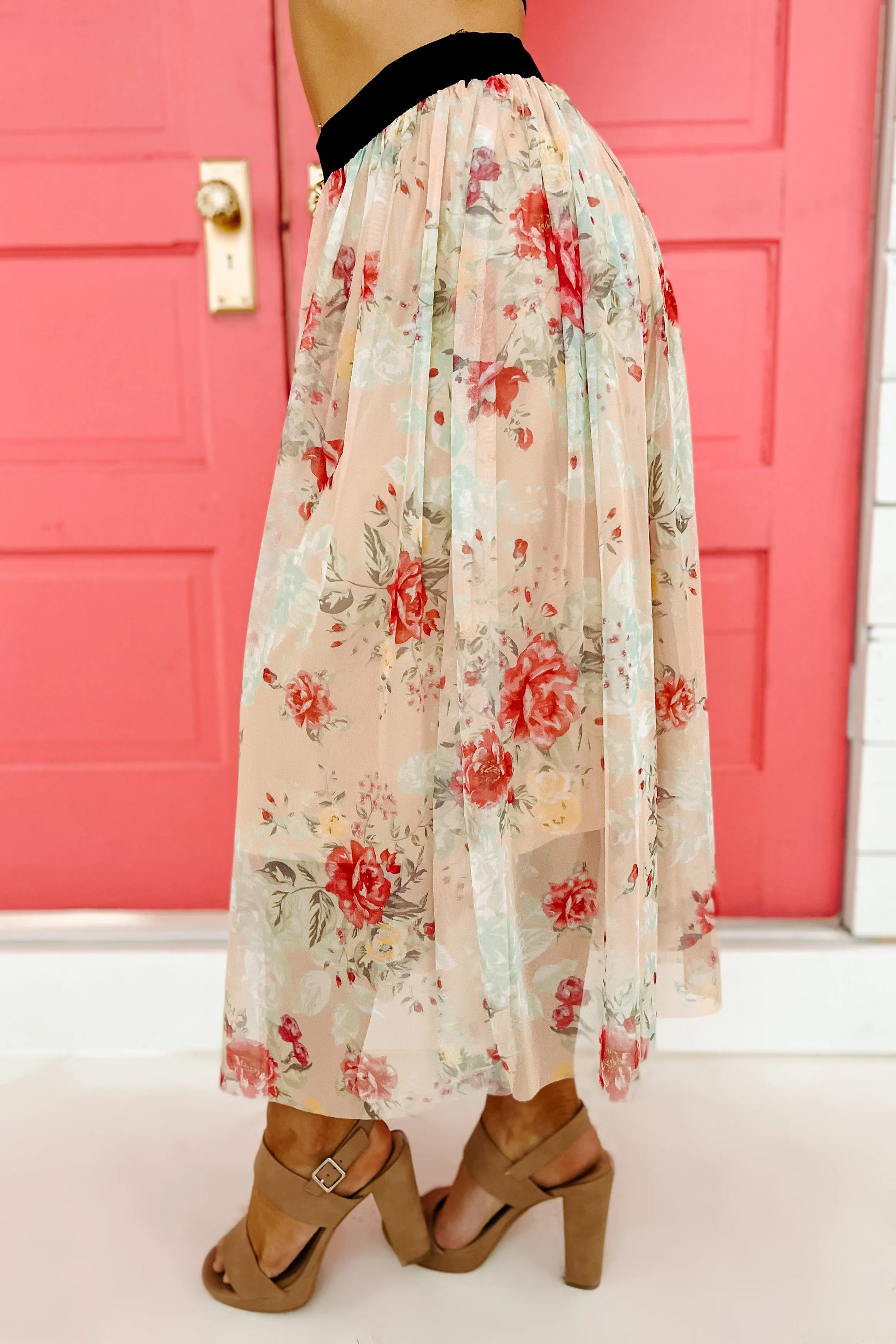 Floral Fixation Floral Midi Skirt (Peach)