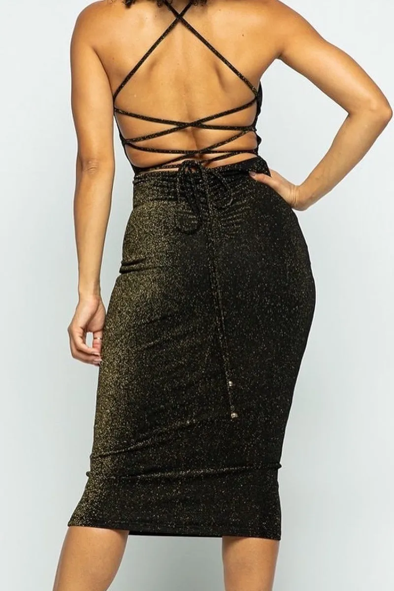 Glitter Criss Cross Lace Up Back Midi Dress