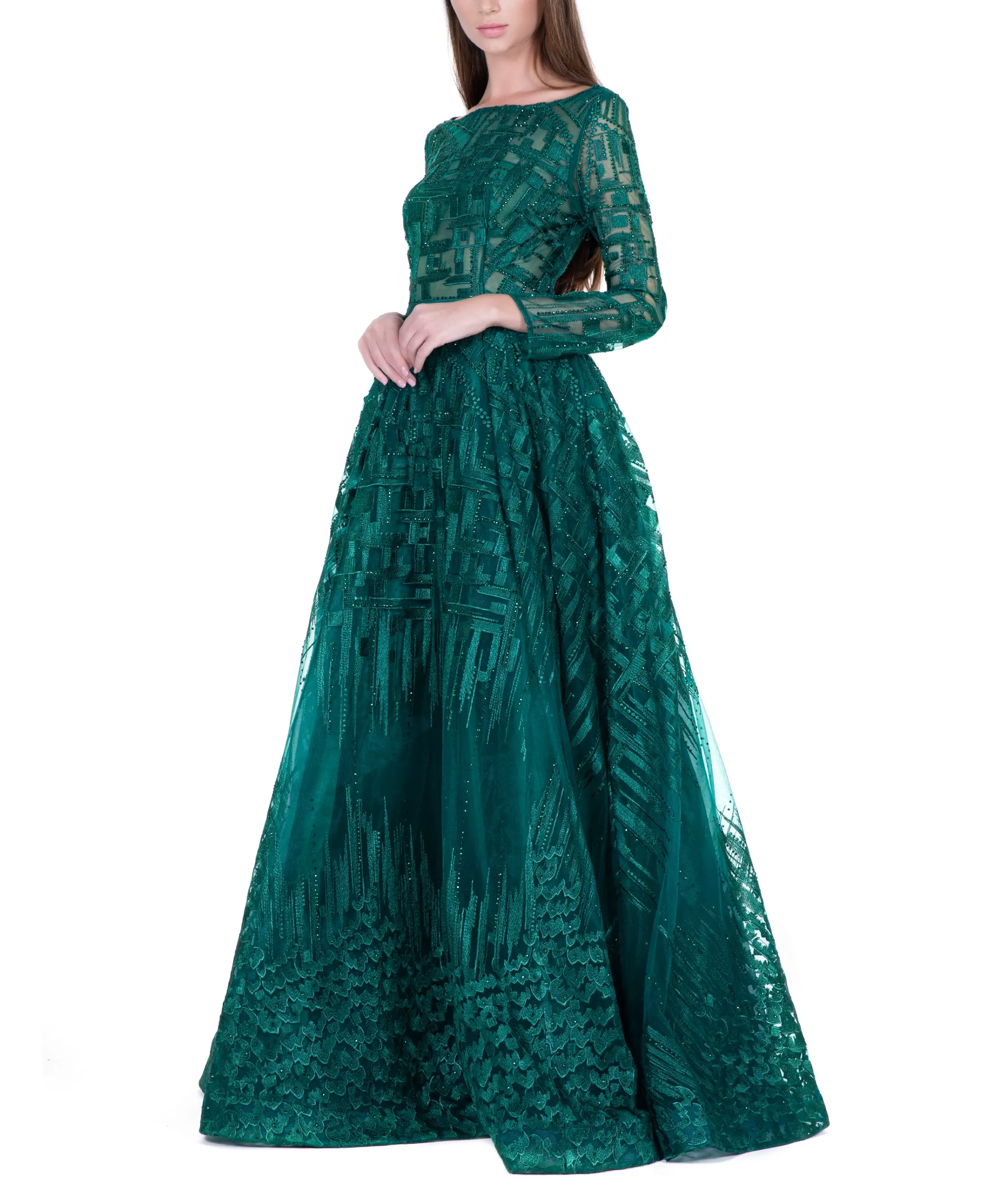 Green Boat Neck Embellished Overall Gown