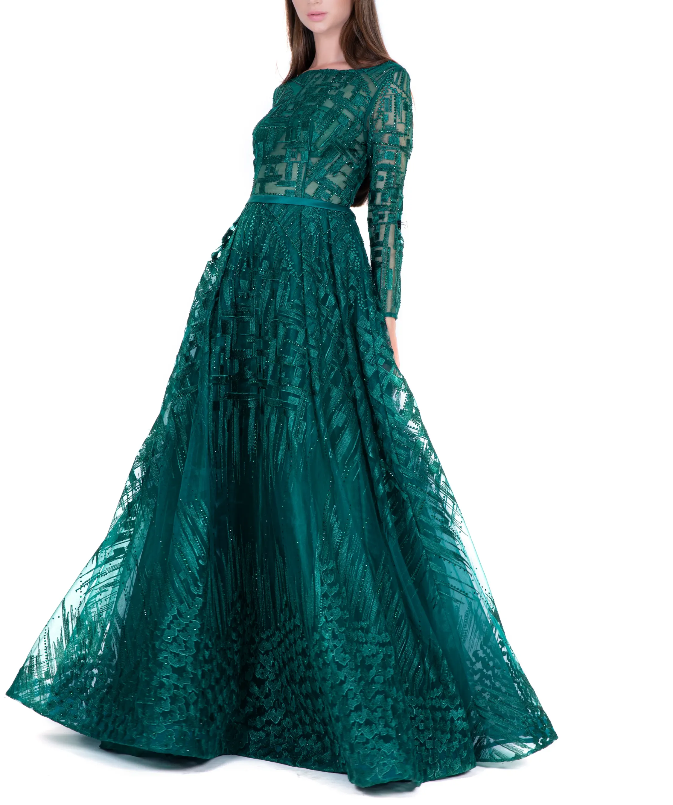 Green Boat Neck Embellished Overall Gown