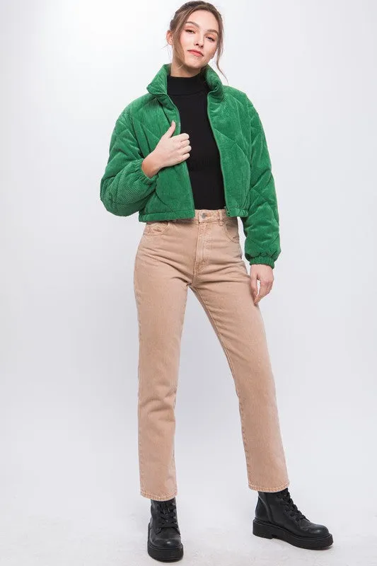 Green Corduroy Semi-Cropped Zip Up Jacket With Pockets