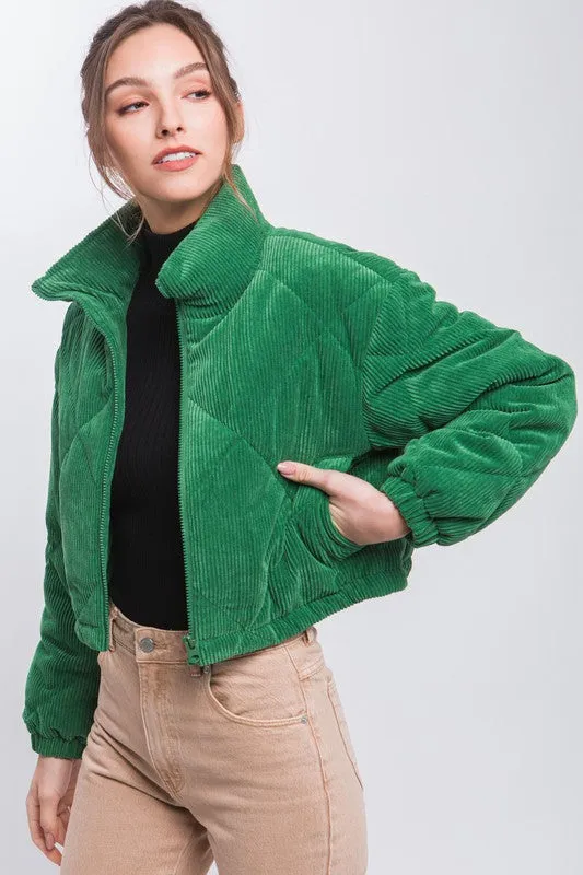 Green Corduroy Semi-Cropped Zip Up Jacket With Pockets