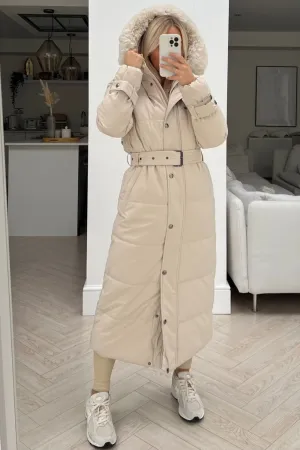 Heidi beige faux fur hooded parka coat