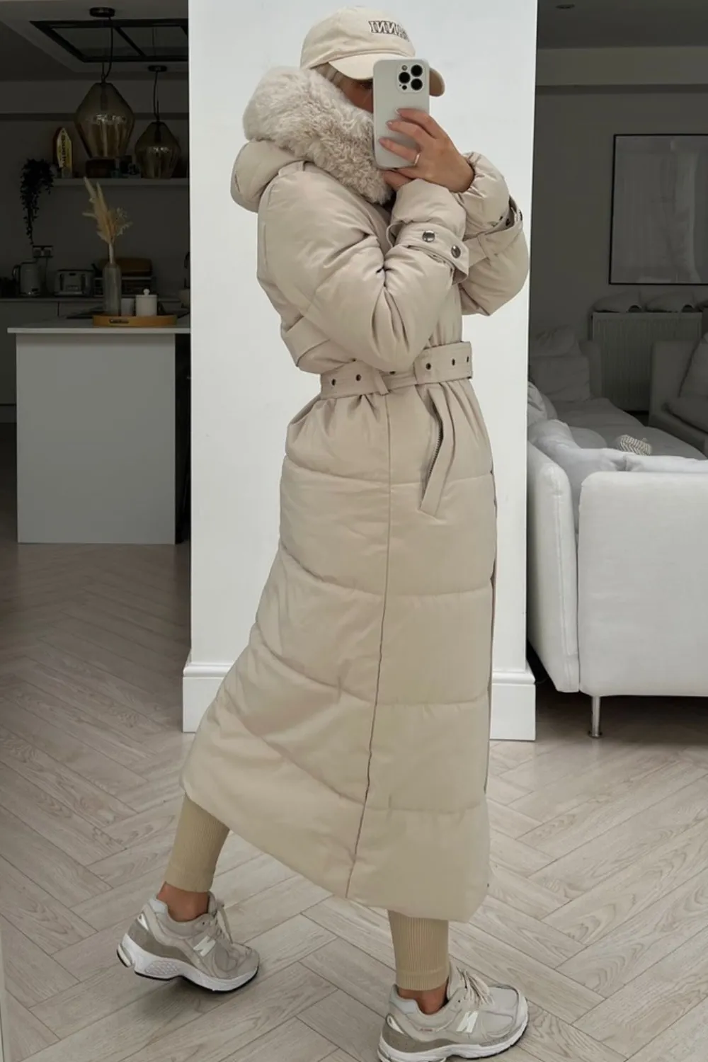 Heidi beige faux fur hooded parka coat