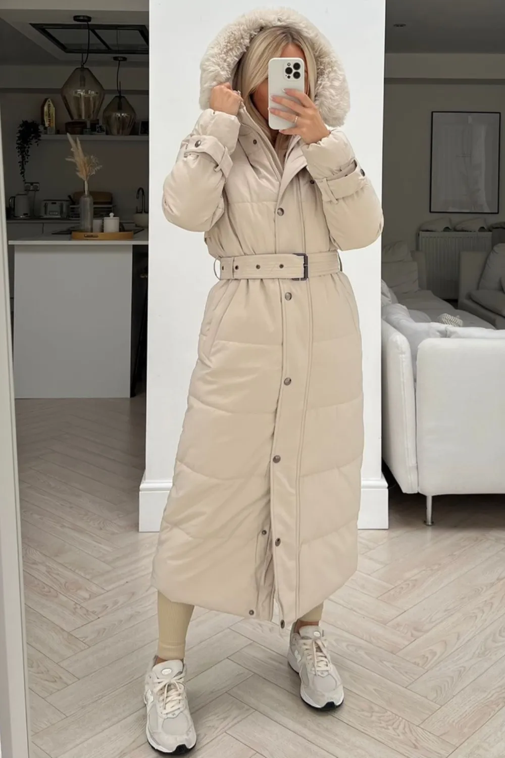 Heidi beige faux fur hooded parka coat